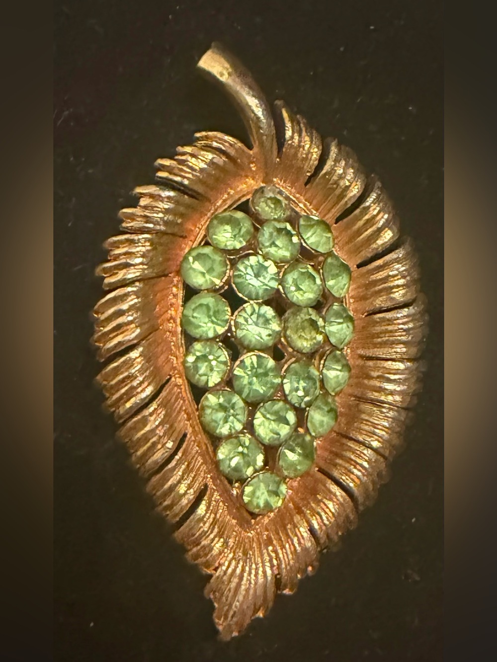 Vintage Mid-Century Textured Gold Leaf Brooch, Olivine Peridot Green Rhinestones